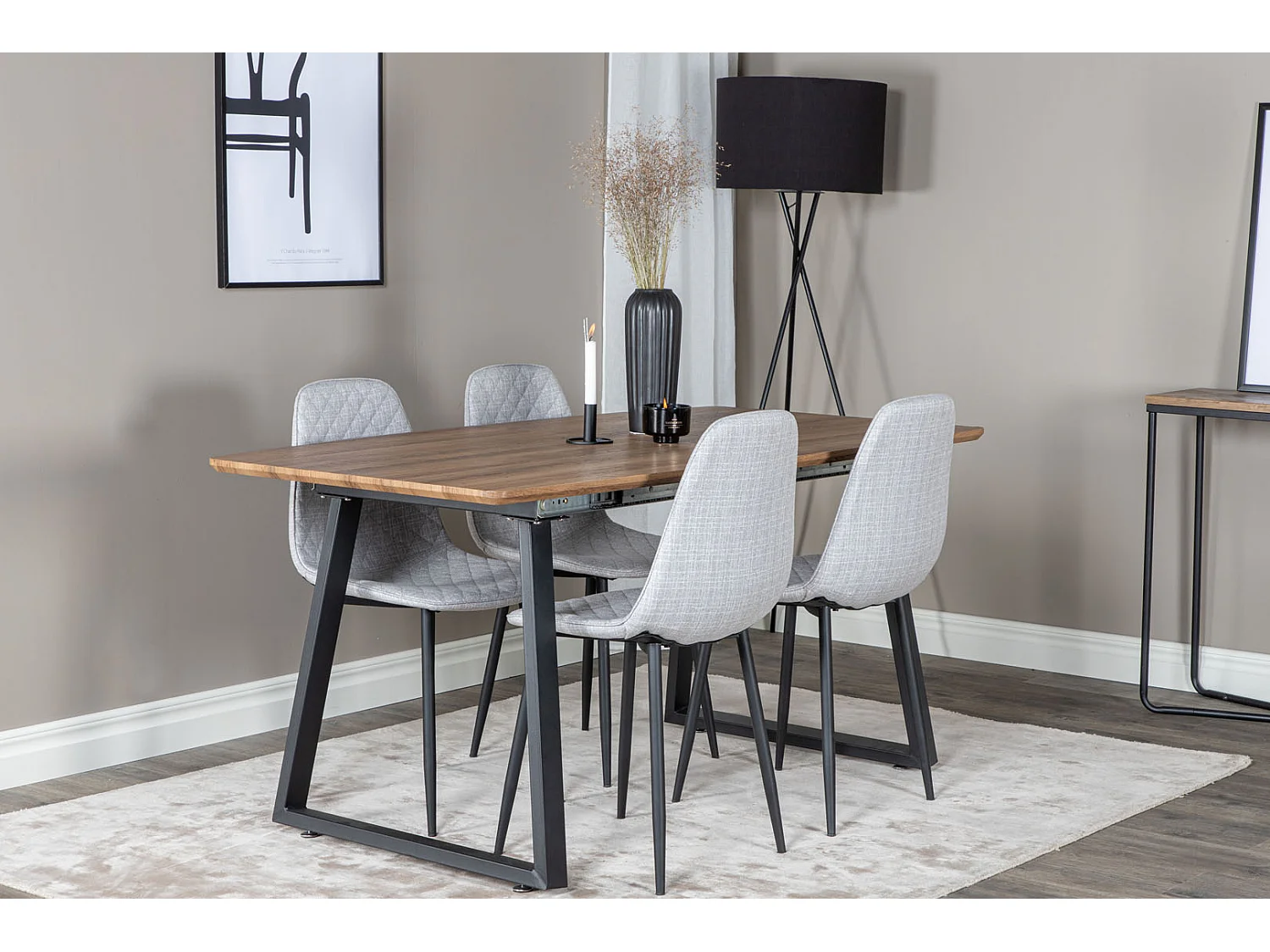 IncaNABL ensemble table, table extensible longueur cm160 / 200 El bois décor et 4 Polar Diamond chaises gris.