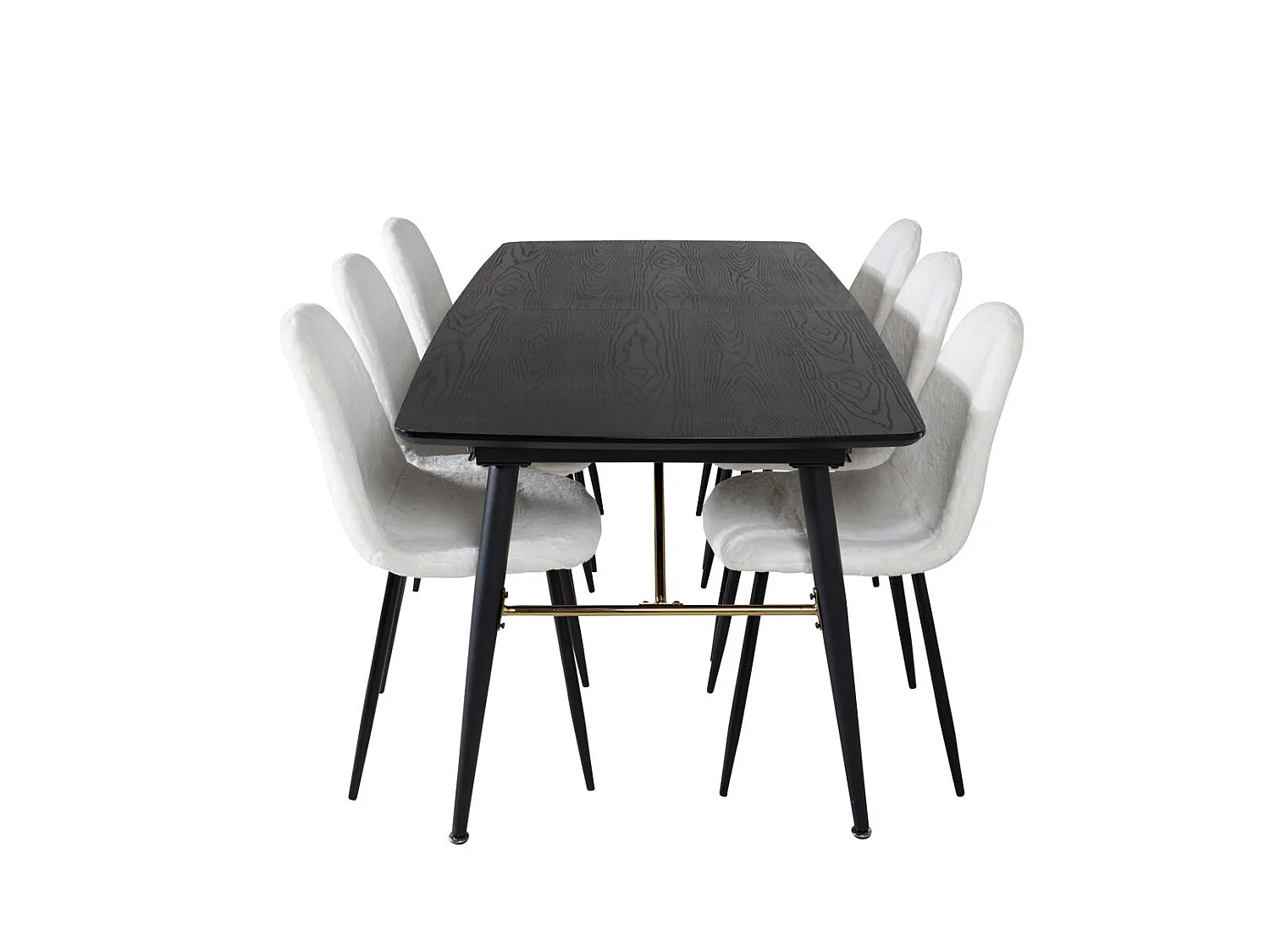 Gold eethoek eetkamertafel uitschuifbare tafel lengte cm 180 / 220 zwart en 6 Polar Fluff eetkamerstal Teddy wit.