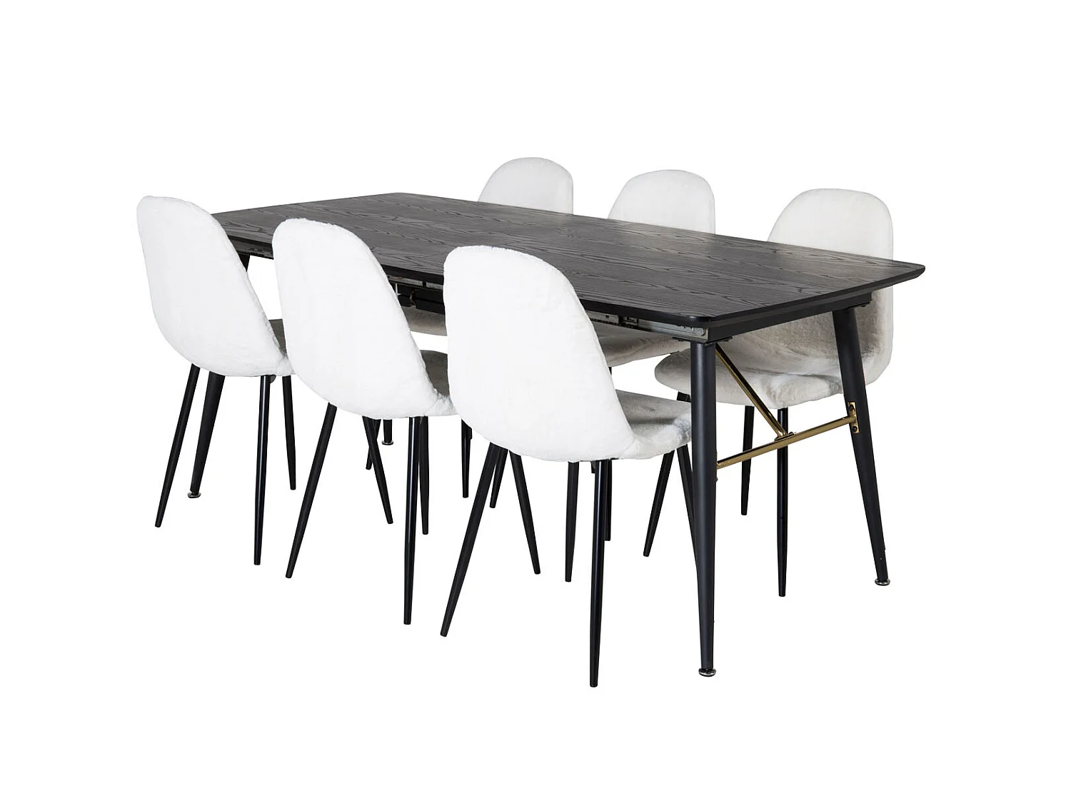 Gold eethoek eetkamertafel uitschuifbare tafel lengte cm 180 / 220 zwart en 6 Polar Fluff eetkamerstal Teddy wit.