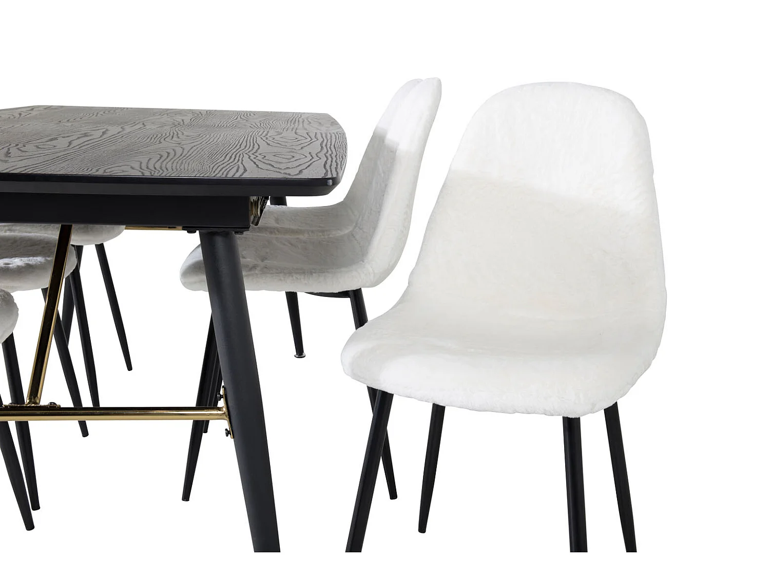 Gold eethoek eetkamertafel uitschuifbare tafel lengte cm 180 / 220 zwart en 6 Polar Fluff eetkamerstal Teddy wit.