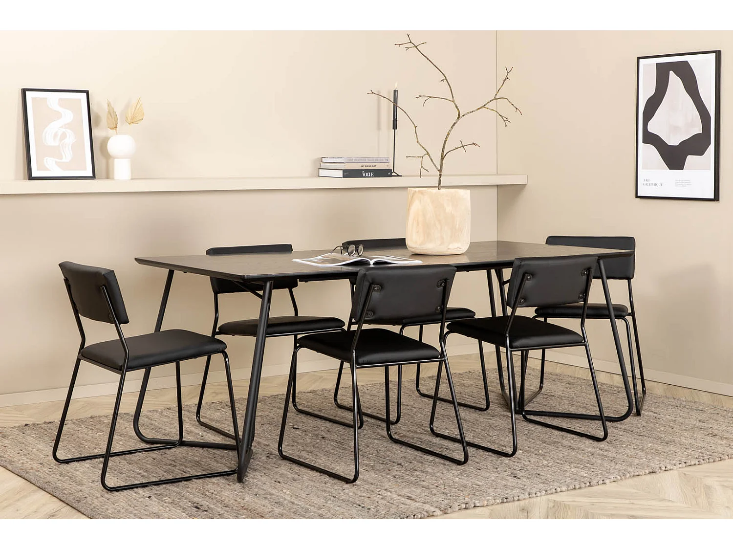 PippiBL Essgruppe Esstisch schwarz und 6 Kenth Esszimmerstühle PU Kunstleder schwarz.