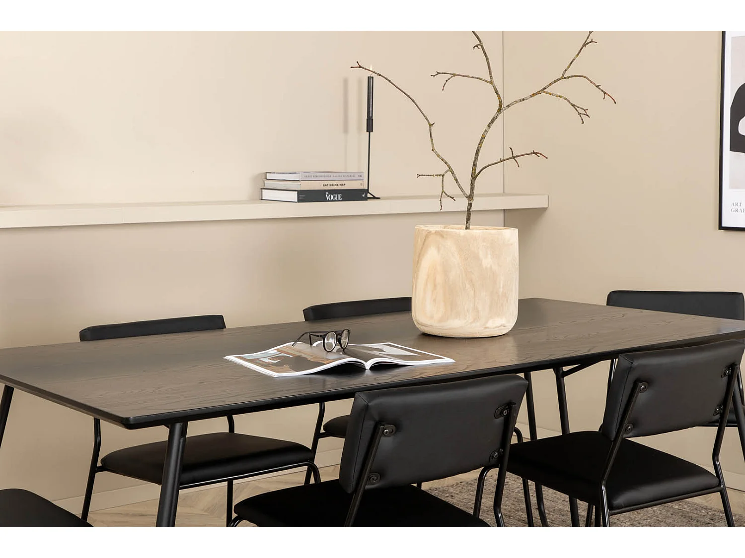 PippiBL Essgruppe Esstisch schwarz und 6 Kenth Esszimmerstühle PU Kunstleder schwarz.