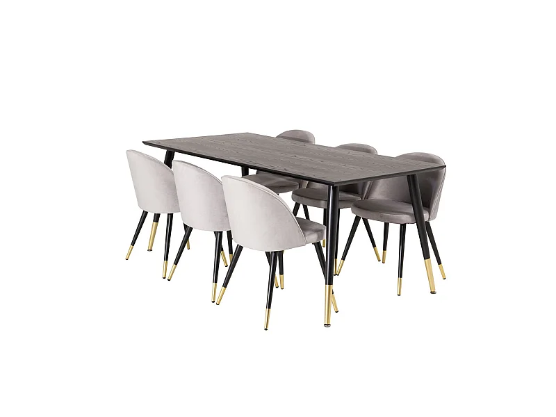 Dipp180x90BLBR Essgruppe Esstisch schwarz und 6 Velvet Esszimmerstühle Velour hellgrau.