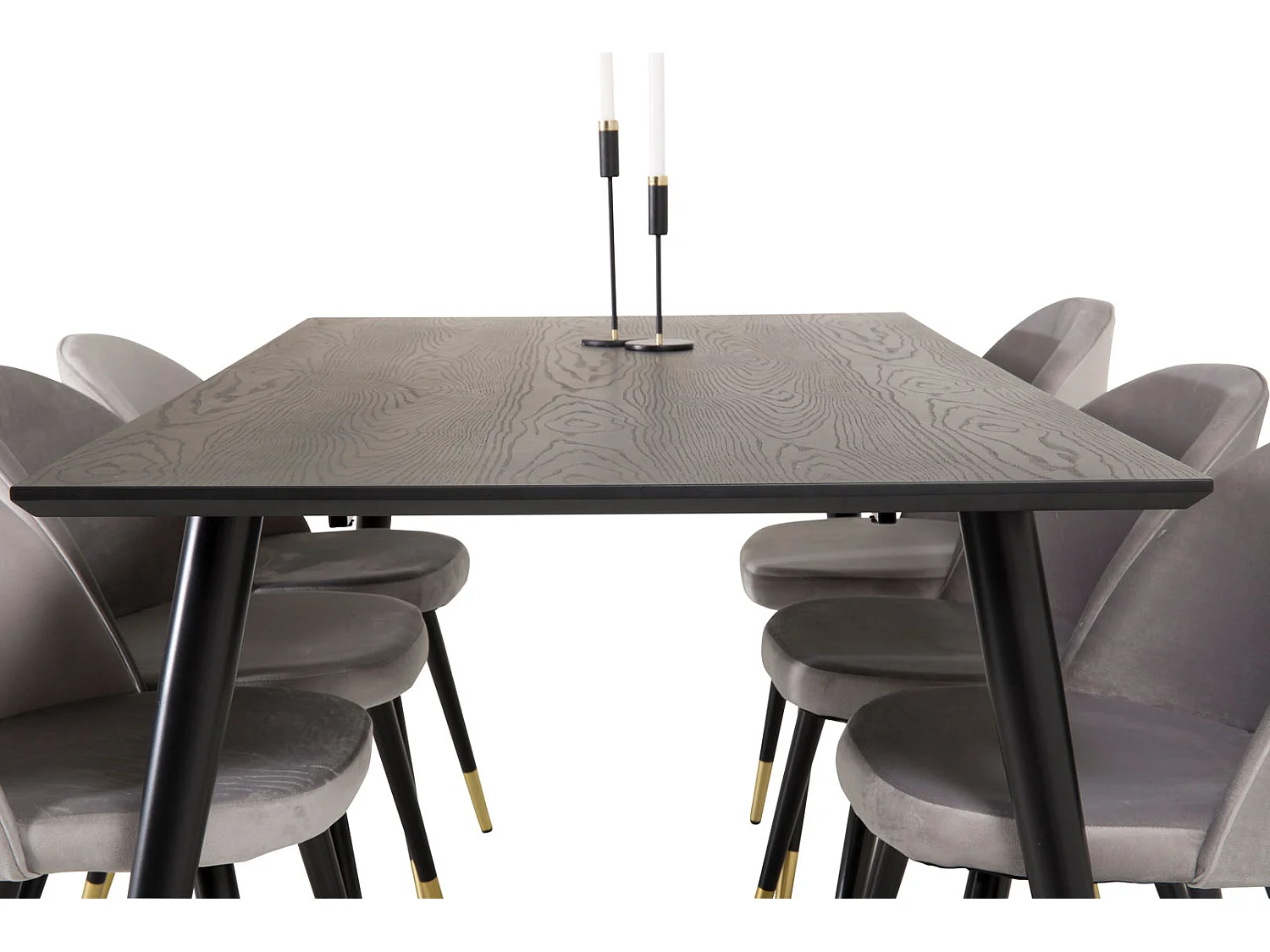 Dipp180x90BLBR eethoek eetkamertafel zwart en 6 Velvet eetkamerstal velours lichtgrijs.