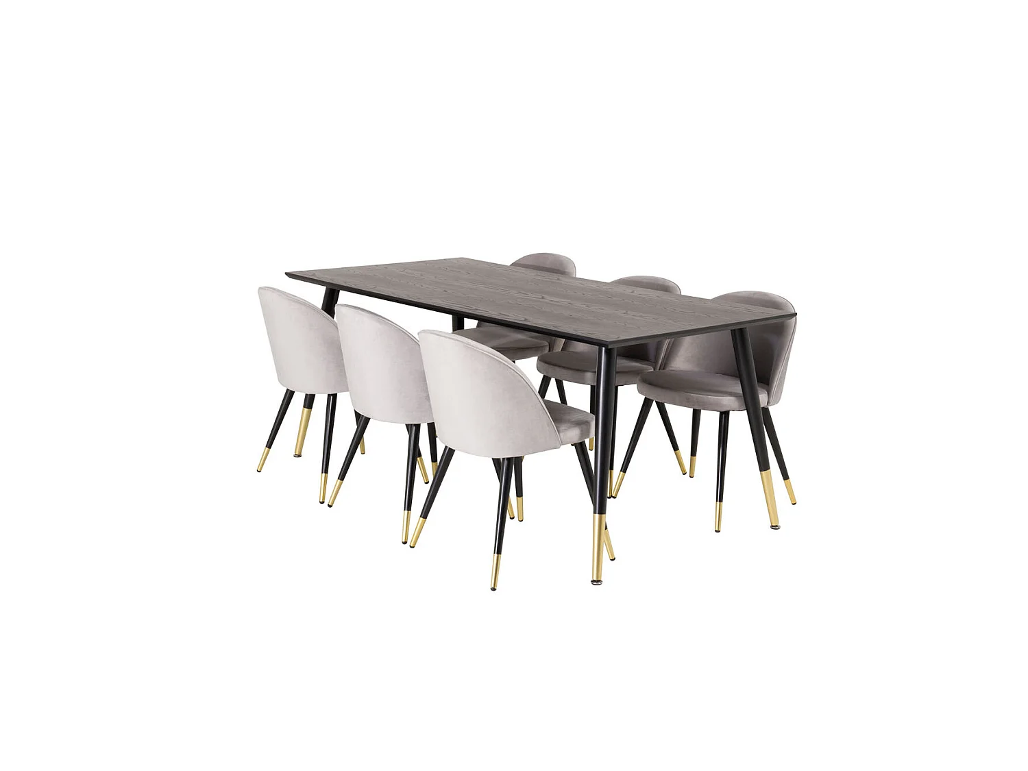 Dipp180x90BLBR ensemble table, table noir et 6 Velvet chaises Velours grisclair.