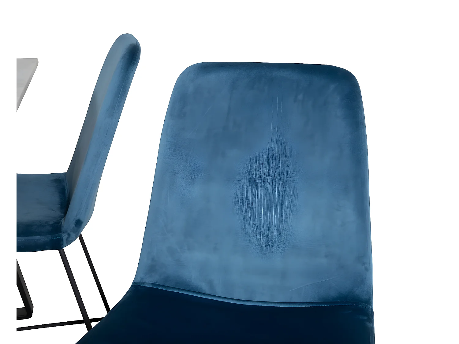 Estelle ensemble table, table marbre blanc et 4 Muce chaises Velours bleu.