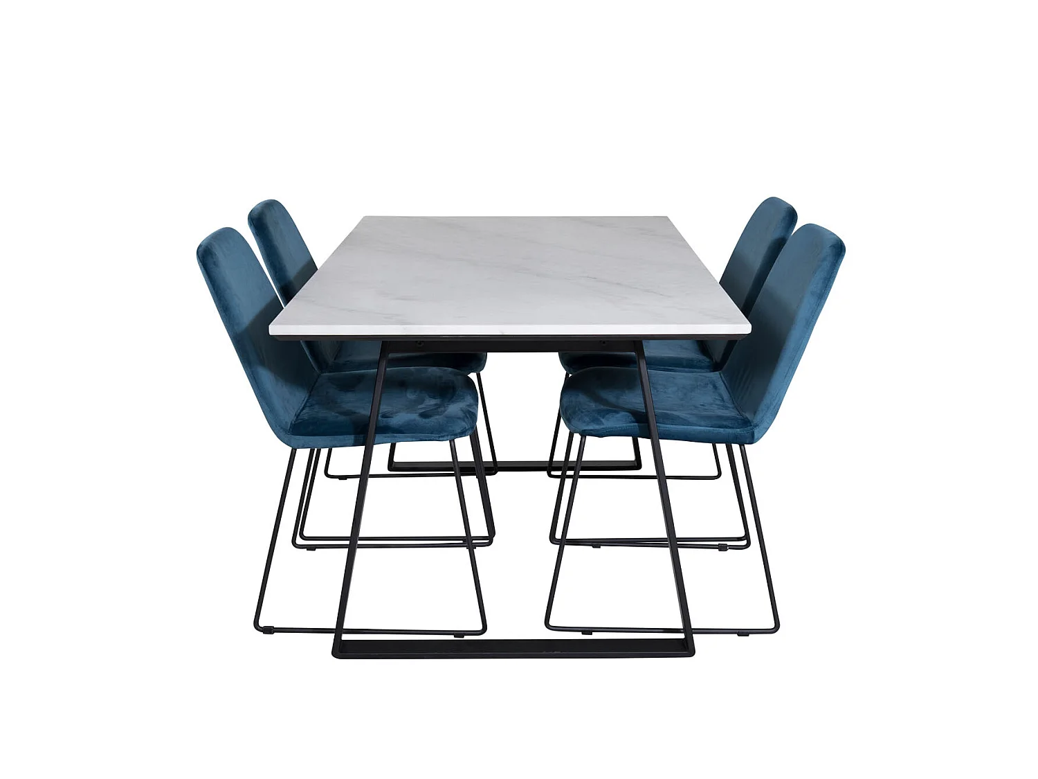 Estelle eethoek eetkamertafel marmer wit en 4 Muce eetkamerstal velours blauw.