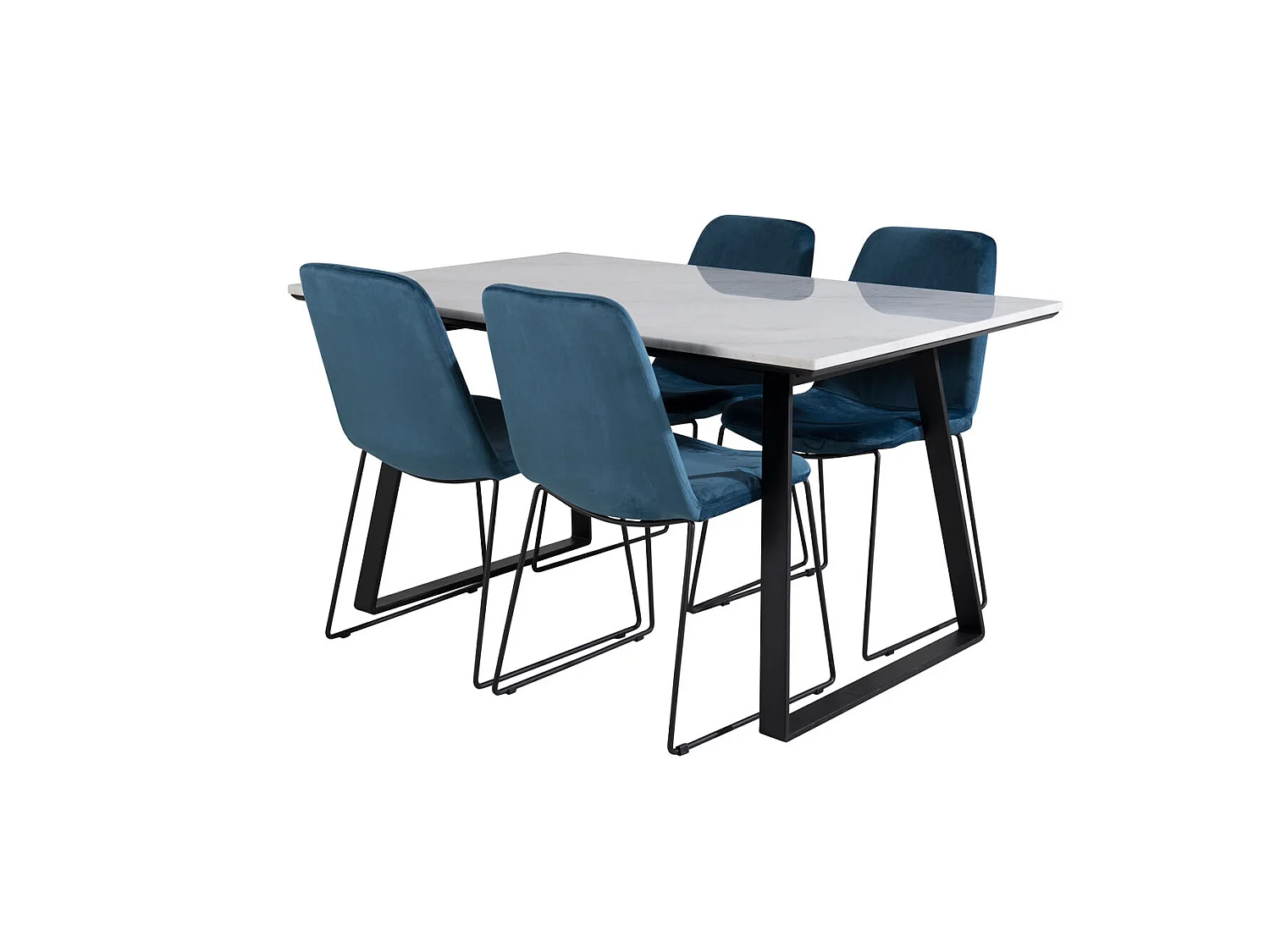 Estelle ensemble table, table marbre blanc et 4 Muce chaises Velours bleu.