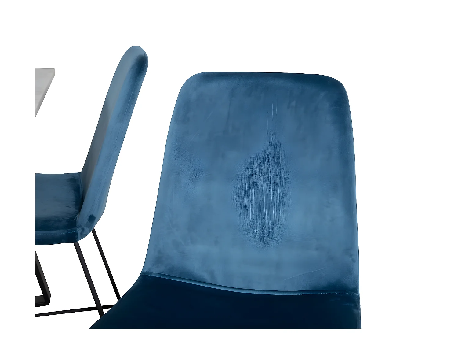 Estelle ensemble table, table marbre blanc et 4 Muce chaises Velours bleu.