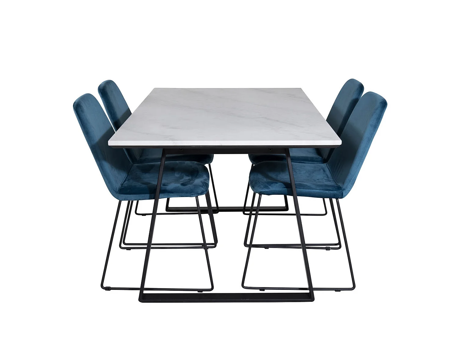 Estelle ensemble table, table marbre blanc et 4 Muce chaises Velours bleu.