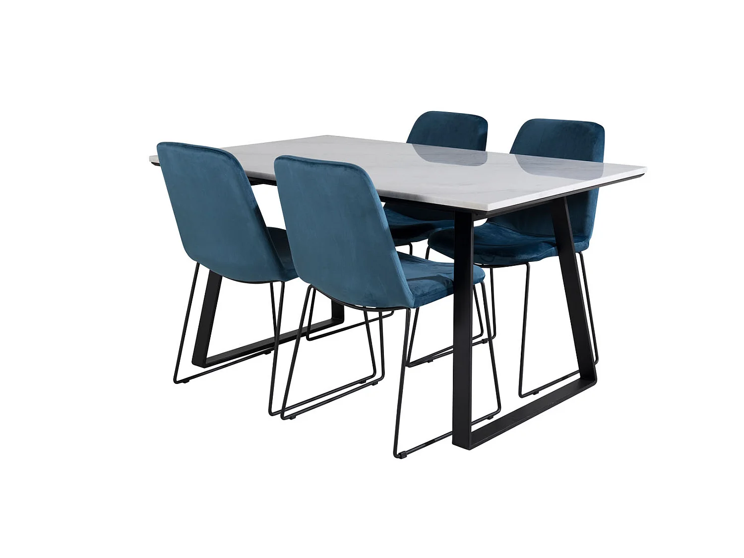 Estelle ensemble table, table marbre blanc et 4 Muce chaises Velours bleu.