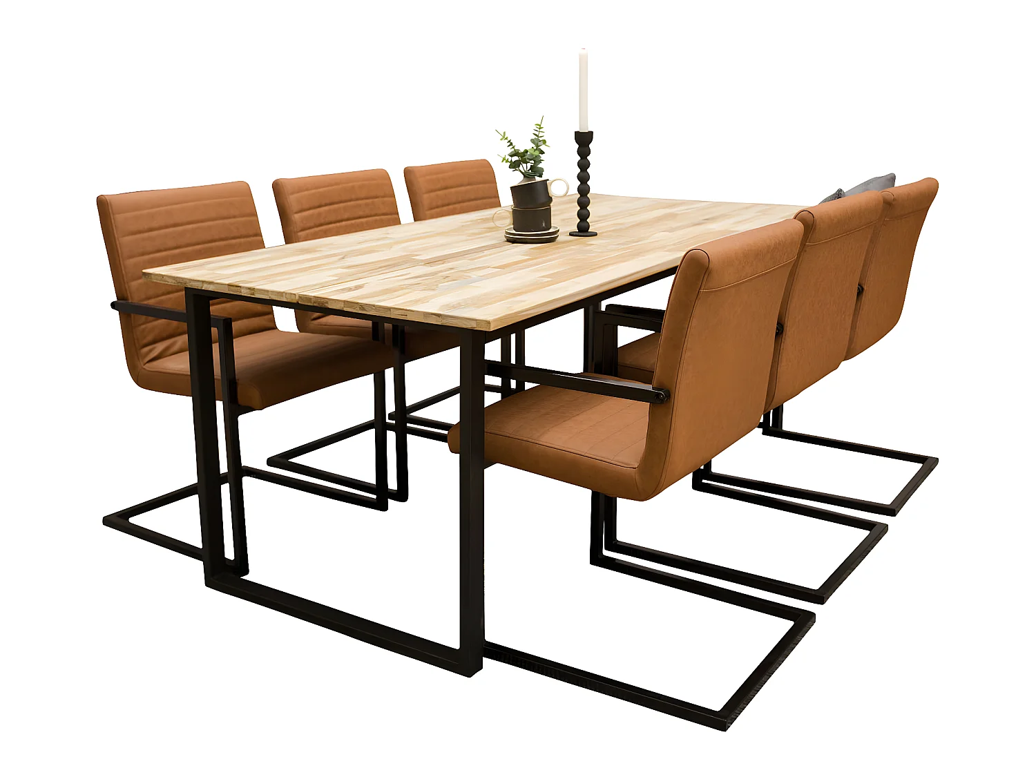 CirebonBL ensemble table, table teck et 6 Art chaises Similicuir PU marron.