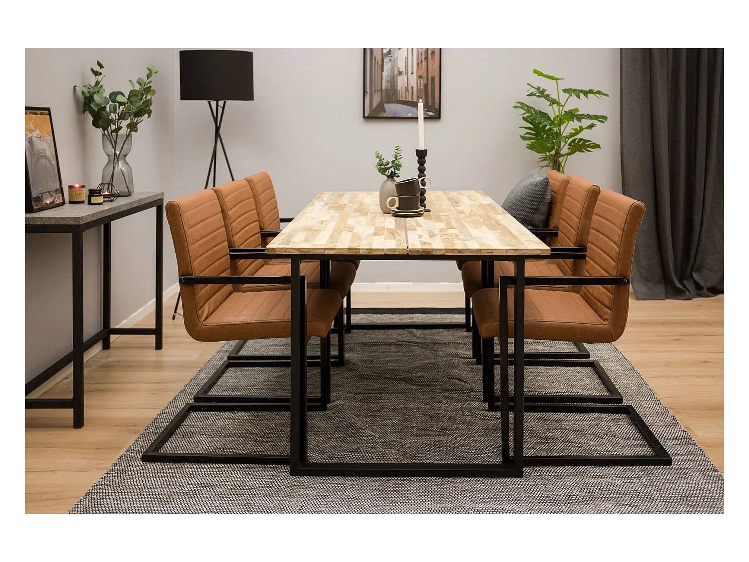 CirebonBL ensemble table, table teck et 6 Art chaises Similicuir PU marron.