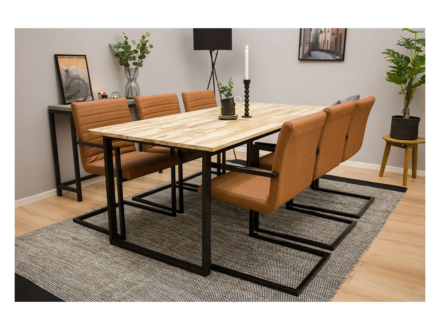 CirebonBL ensemble table, table teck et 6 Art chaises Similicuir PU marron.