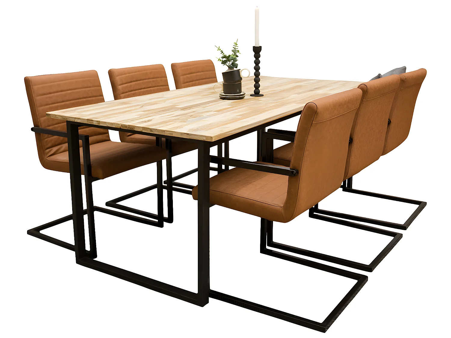 CirebonBL ensemble table, table teck et 6 Art chaises Similicuir PU marron.