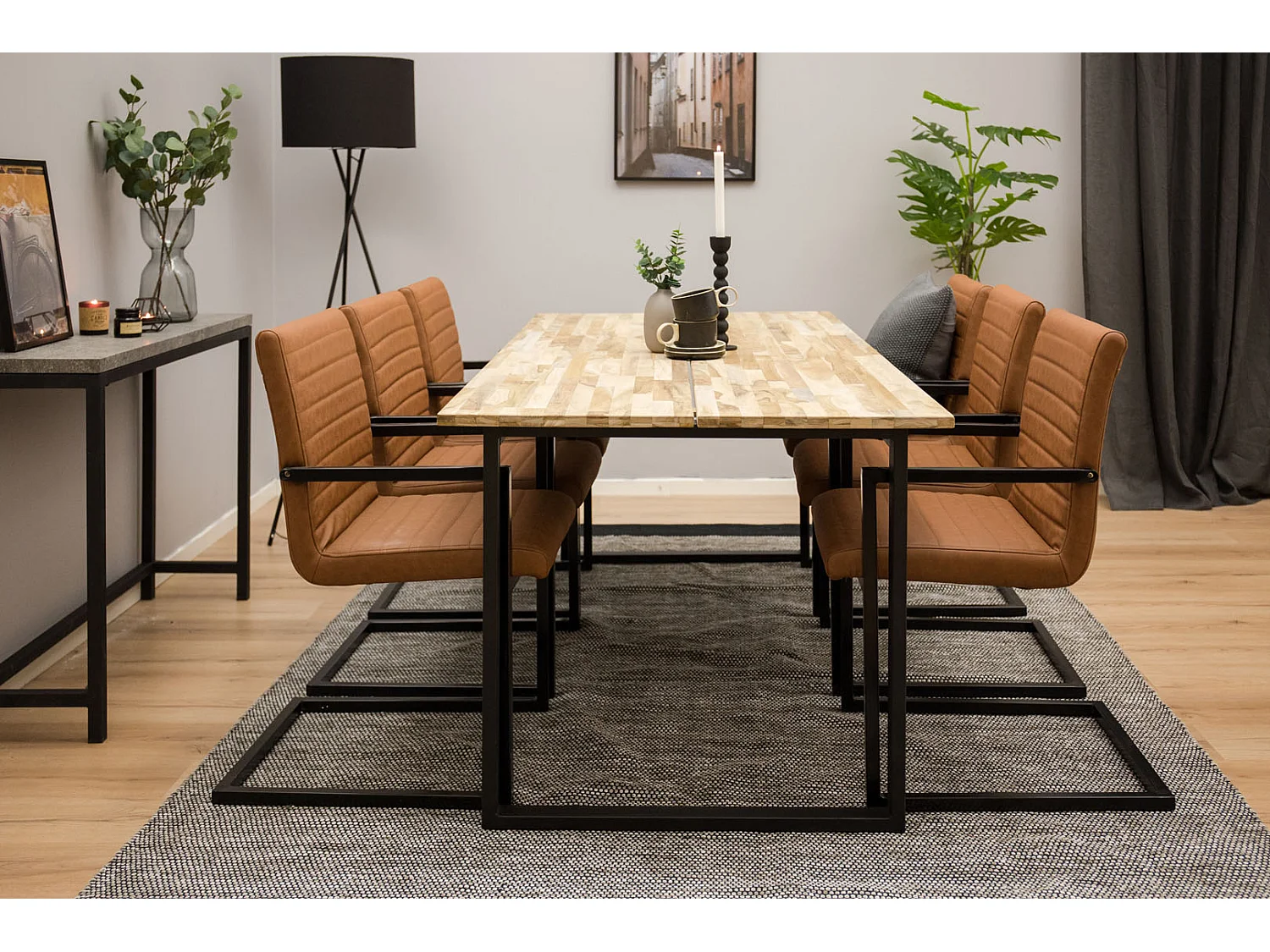 CirebonBL ensemble table, table teck et 6 Art chaises Similicuir PU marron.