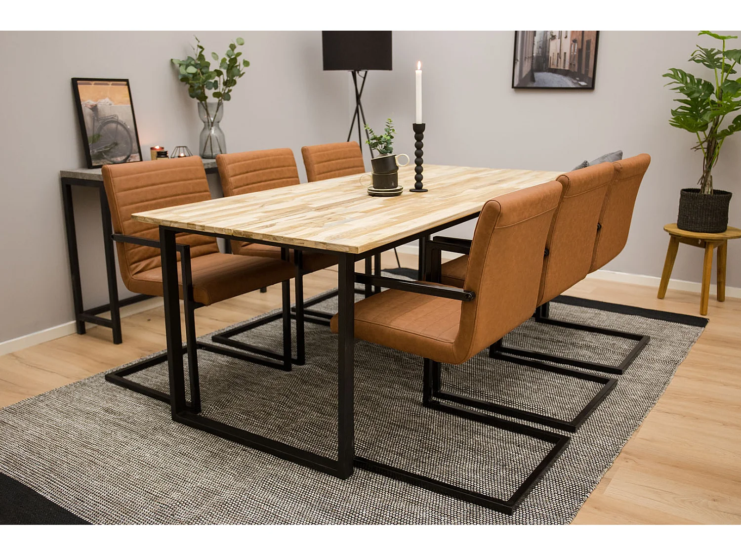 CirebonBL ensemble table, table teck et 6 Art chaises Similicuir PU marron.