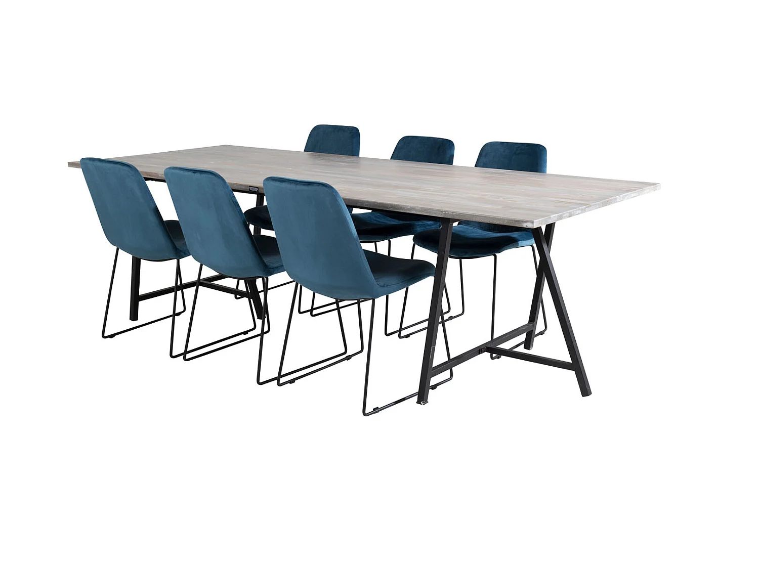 Jepara eethoek eetkamertafel teakhout en 6 Muce eetkamerstal velours blauw.