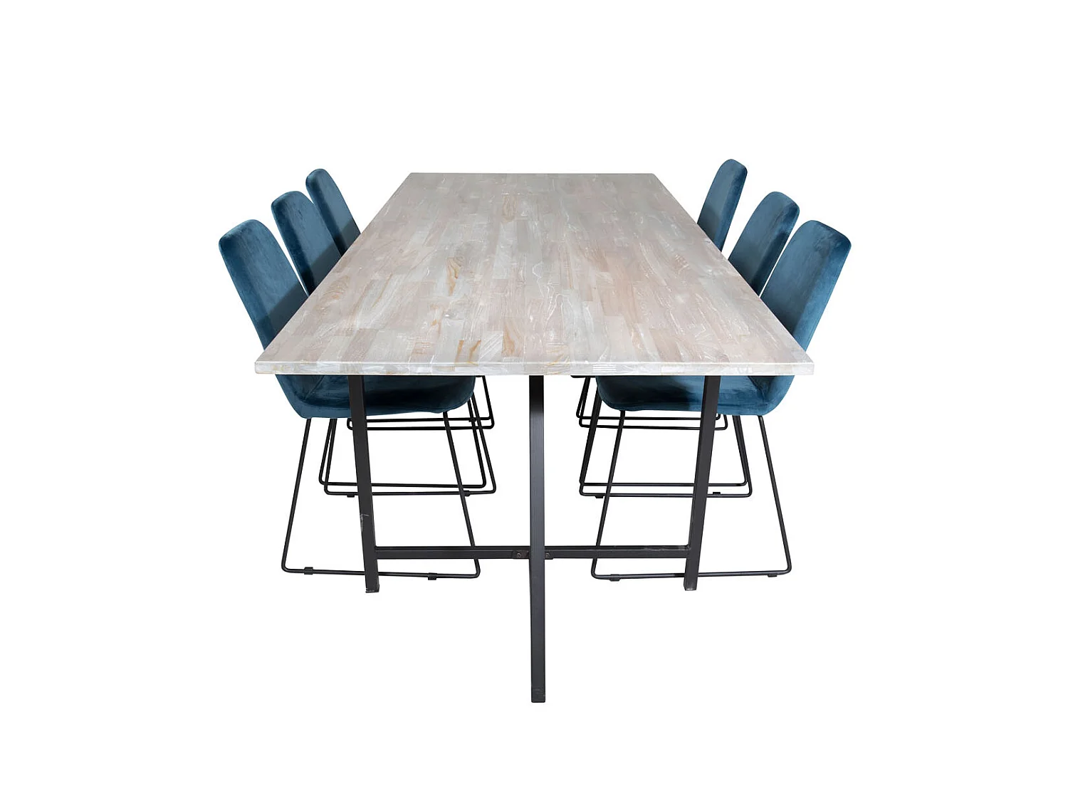 Jepara eethoek eetkamertafel teakhout en 6 Muce eetkamerstal velours blauw.