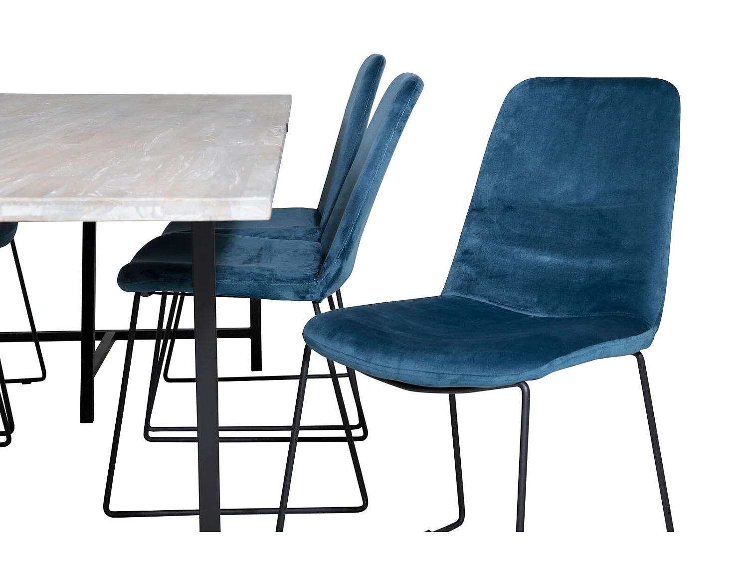 Jepara eethoek eetkamertafel teakhout en 6 Muce eetkamerstal velours blauw.