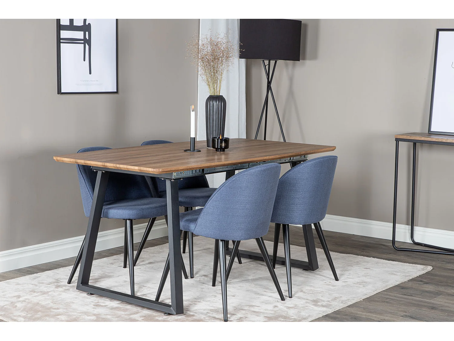 IncaNABL ensemble table, table extensible longueur cm160 / 200 El bois décor et 4 Velvet chaises bleu.