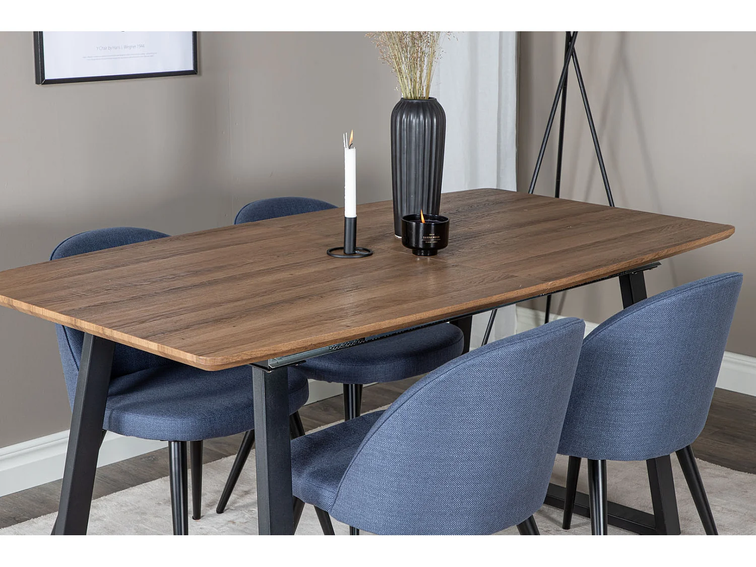 IncaNABL ensemble table, table extensible longueur cm160 / 200 El bois décor et 4 Velvet chaises bleu.