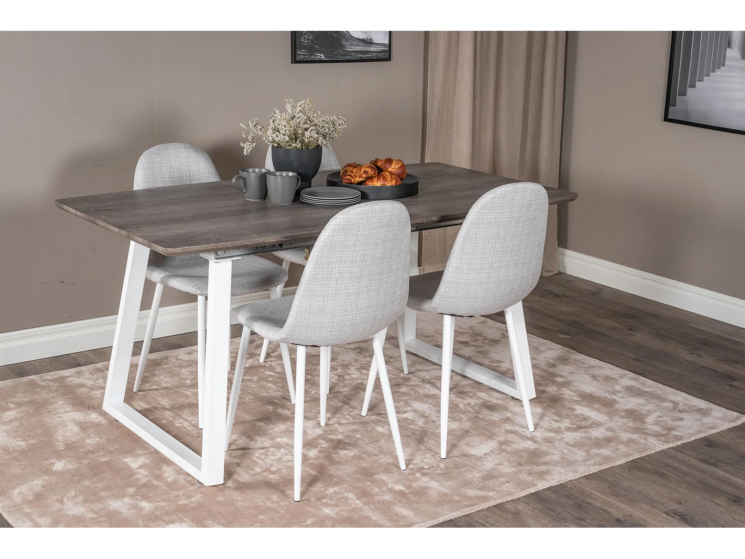 IncaNAWH eethoek eetkamertafel uitschuifbare tafel lengte cm 160 / 200 el hout decor grijs en 4 Polar eetkamerstal lichtgrijs, wit.