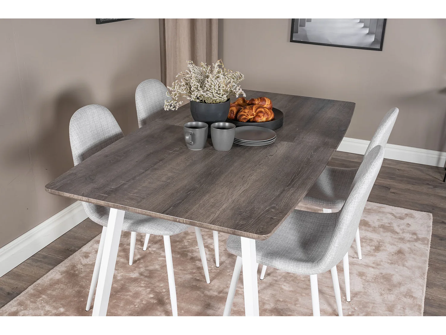 IncaNAWH eethoek eetkamertafel uitschuifbare tafel lengte cm 160 / 200 el hout decor grijs en 4 Polar eetkamerstal lichtgrijs, wit.