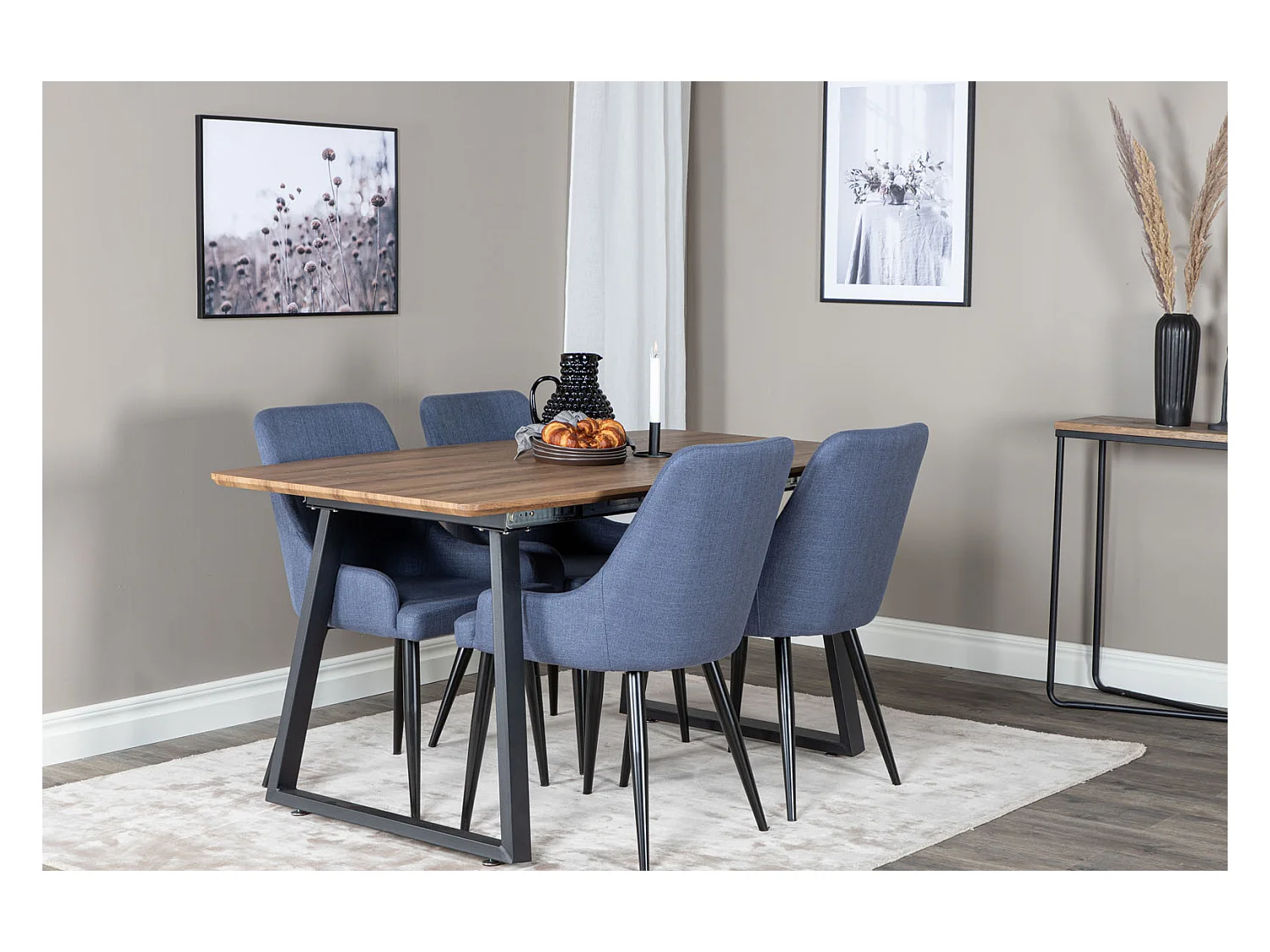 IncaNABL ensemble table, table extensible longueur cm160 / 200 El bois décor et 4 Plaza chaises bleu, noir.
