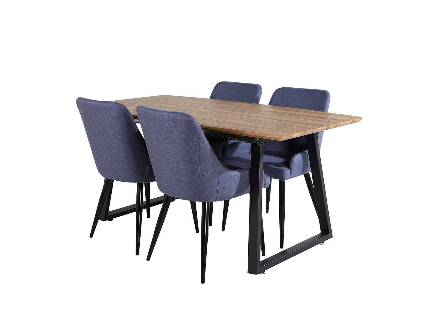 IncaNABL eethoek eetkamertafel uitschuifbare tafel lengte cm 160 / 200 el hout decor en 4 Plaza eetkamerstal blauw, zwart.