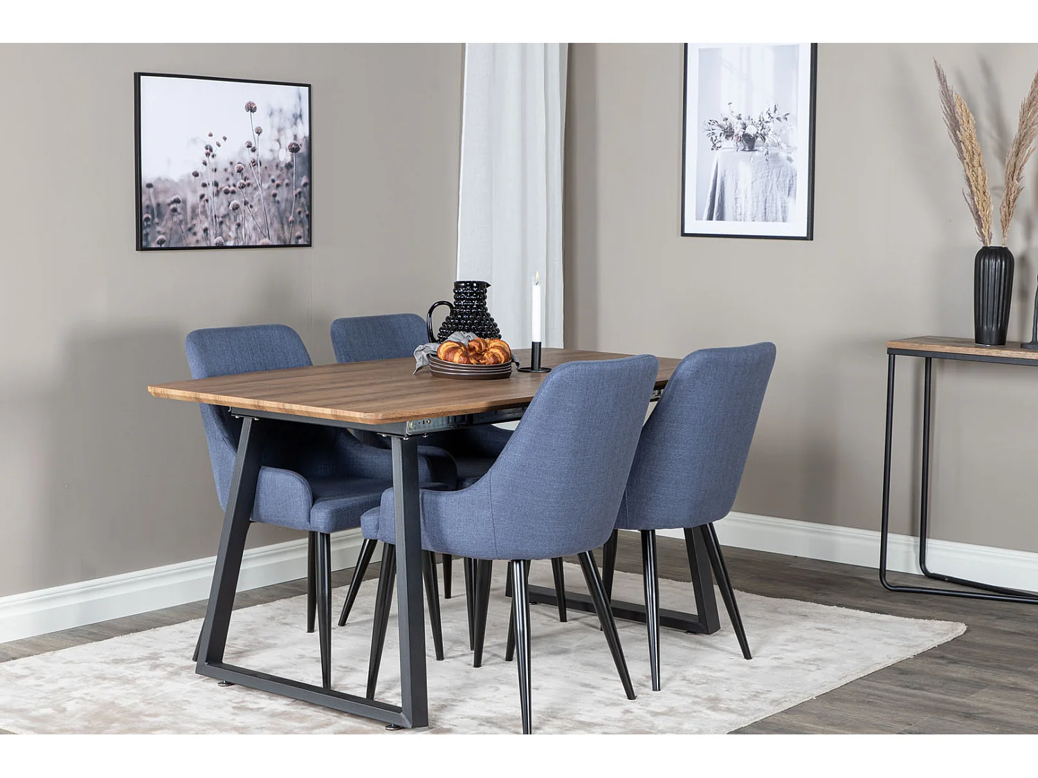 IncaNABL eethoek eetkamertafel uitschuifbare tafel lengte cm 160 / 200 el hout decor en 4 Plaza eetkamerstal blauw, zwart.