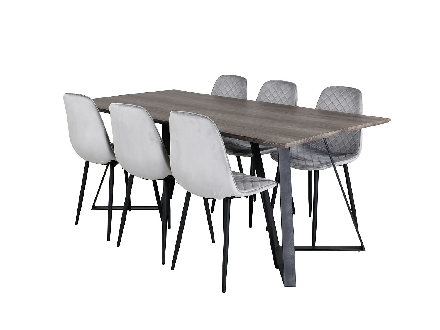 MarinaGRBL Essgruppe Esstisch El Holz dekor grau und 6 Polar Diamond Esszimmerstühle Velour grau.