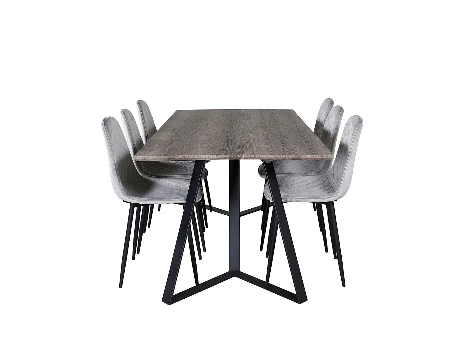 MarinaGRBL eethoek eetkamertafel el hout decor grijs en 6 Polar Diamond eetkamerstal velours grijs.