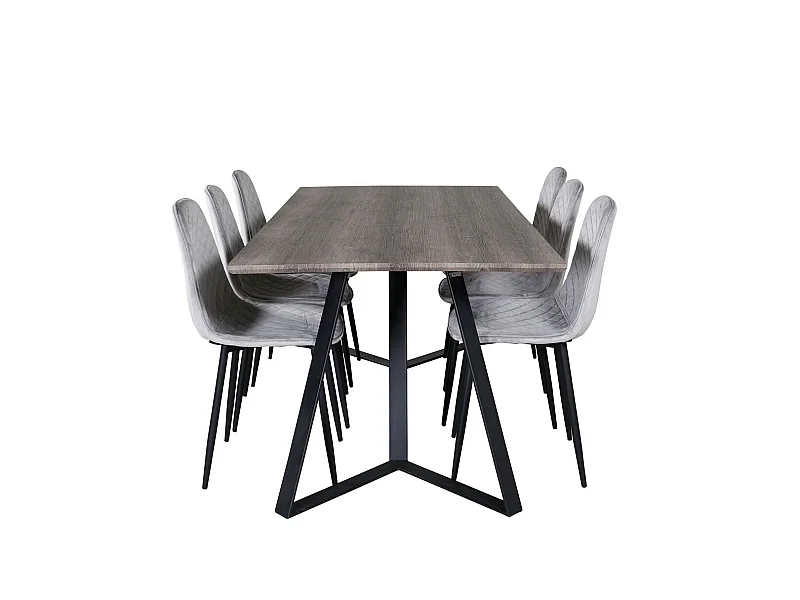 MarinaGRBL eethoek eetkamertafel el hout decor grijs en 6 Polar Diamond eetkamerstal velours grijs.