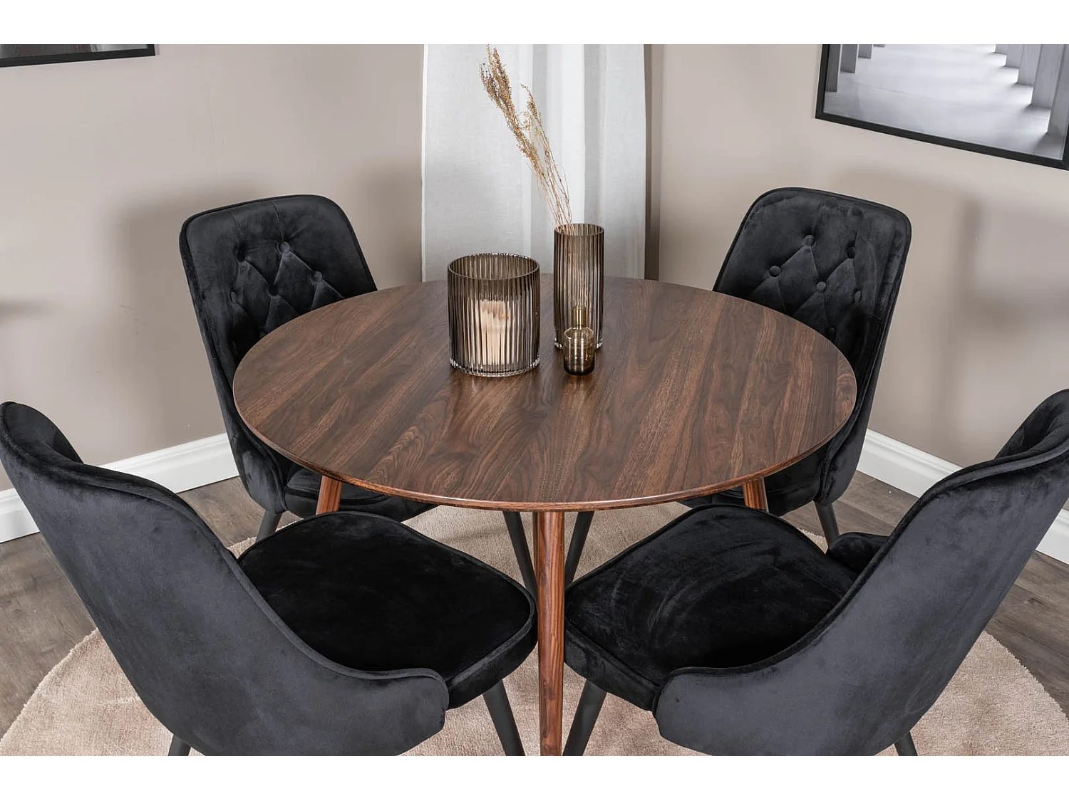 PlazaWA100 ensemble table, table noyer décor et 4 Velvet Deluxe chaises Velours noir.