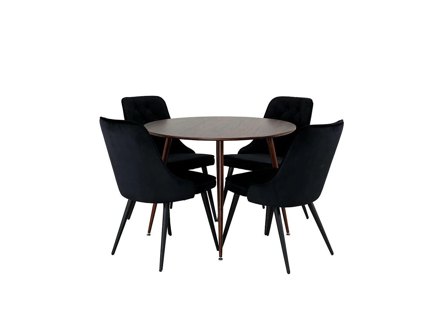 PlazaWA100 eethoek eetkamertafel Okkernoot decor en 4 Velvet Deluxe eetkamerstal velours zwart.
