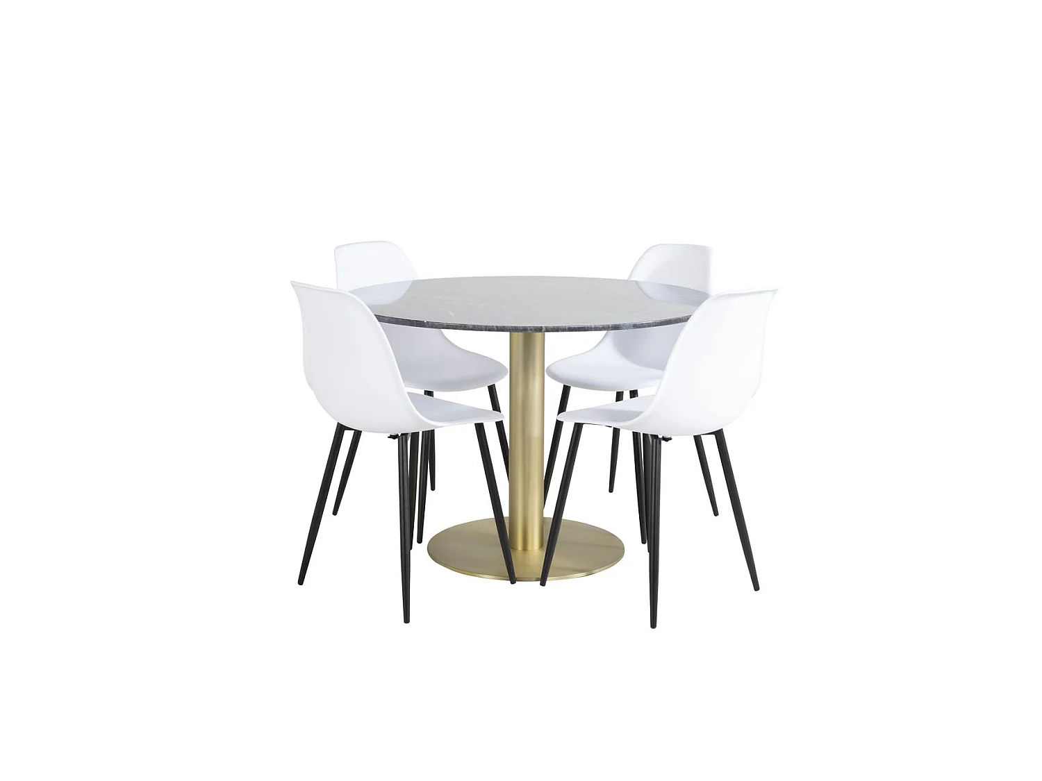EstelleØ106BLBR ensemble table, table noir, marbre et 4 Polar chaises blanc.