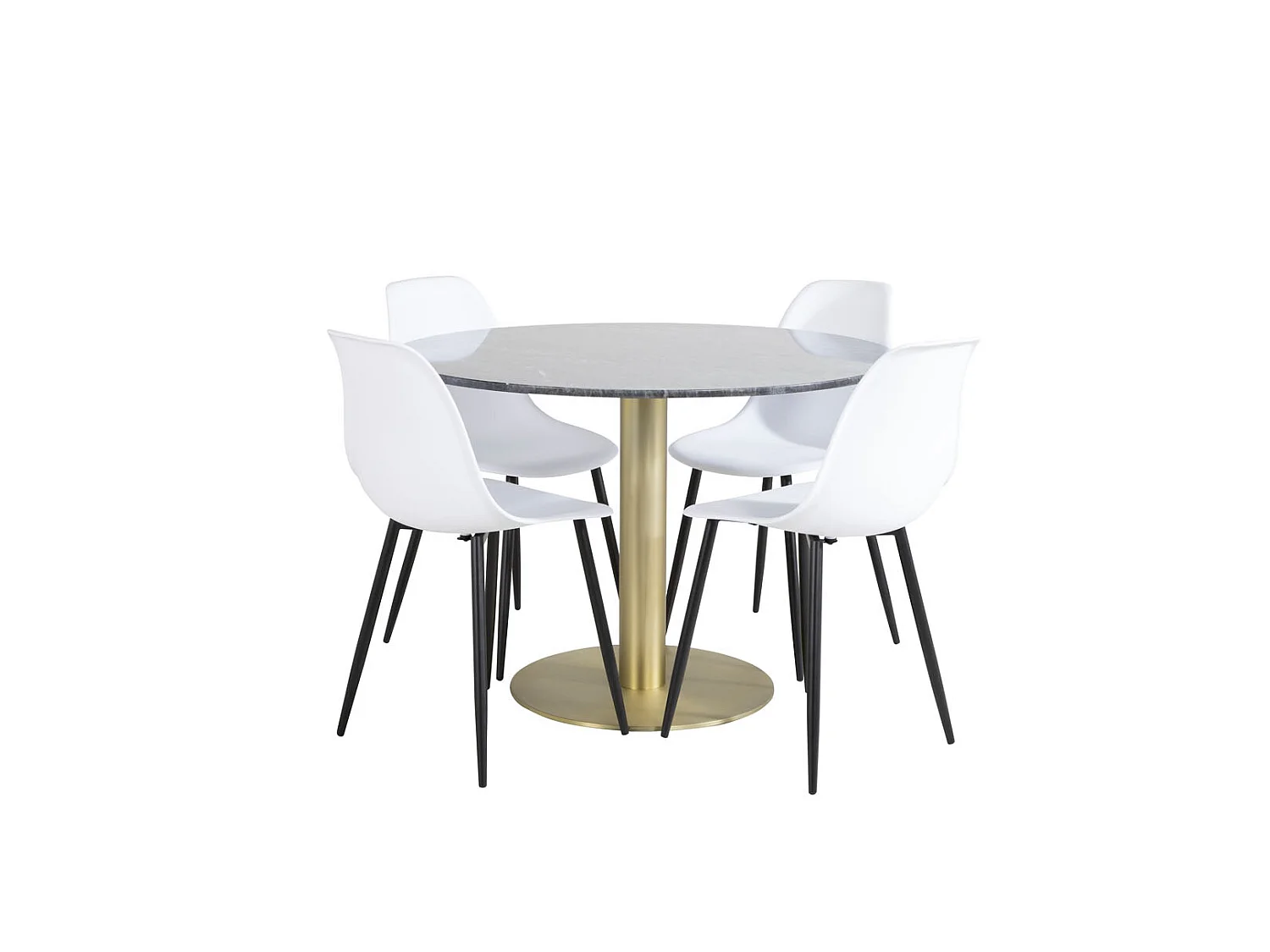EstelleØ106BLBR ensemble table, table noir, marbre et 4 Polar chaises blanc.