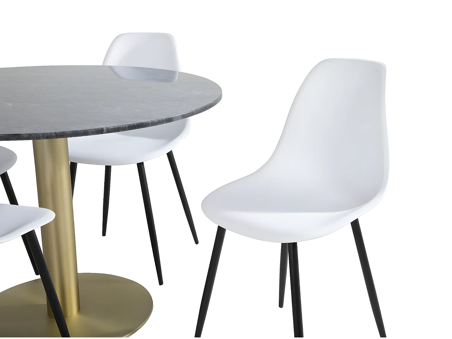 EstelleØ106BLBR ensemble table, table noir, marbre et 4 Polar chaises blanc.
