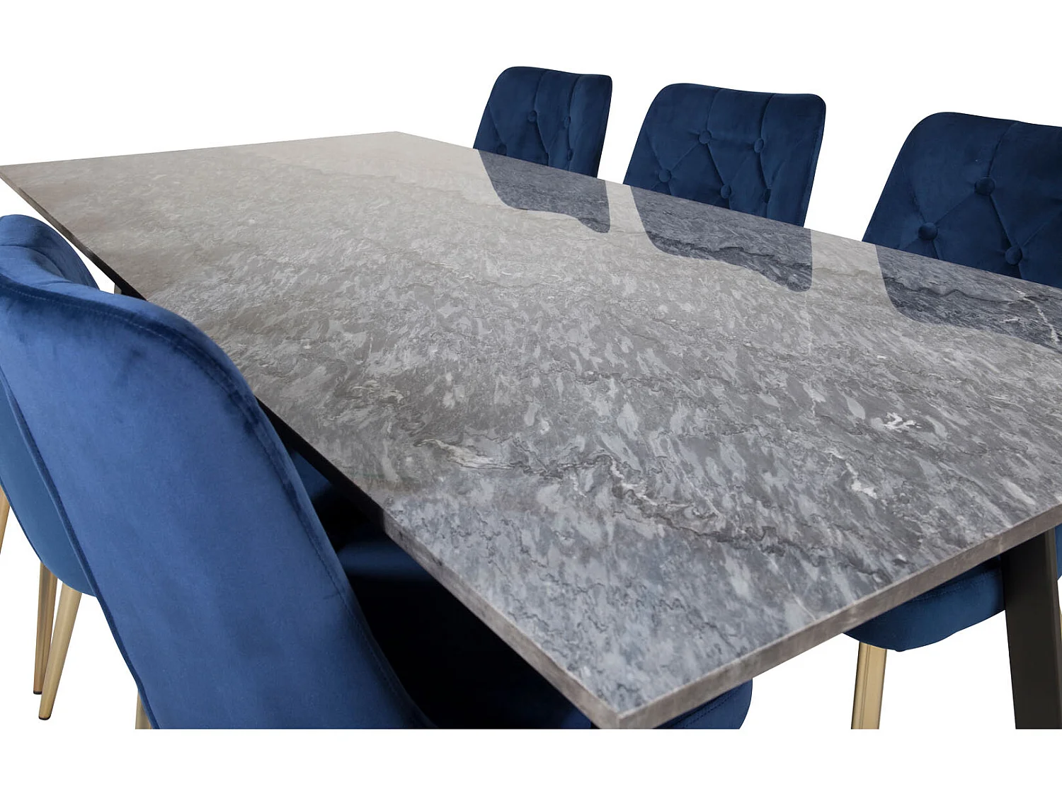 EstelleBLBL eethoek eetkamertafel zwart, marmer en 6 Velvet Deluxe eetkamerstal velours blauw, messing decor.