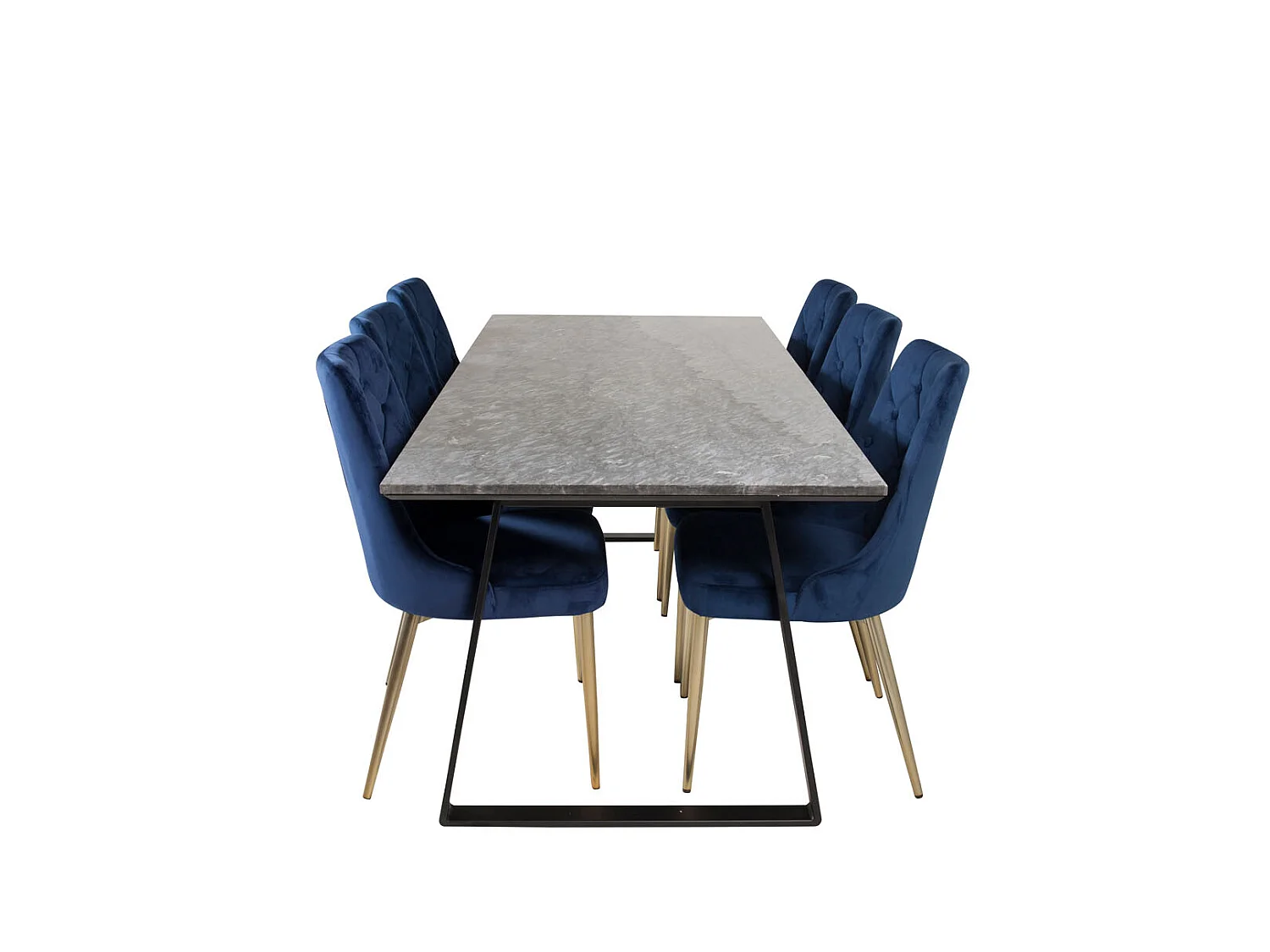 EstelleBLBL eethoek eetkamertafel zwart, marmer en 6 Velvet Deluxe eetkamerstal velours blauw, messing decor.