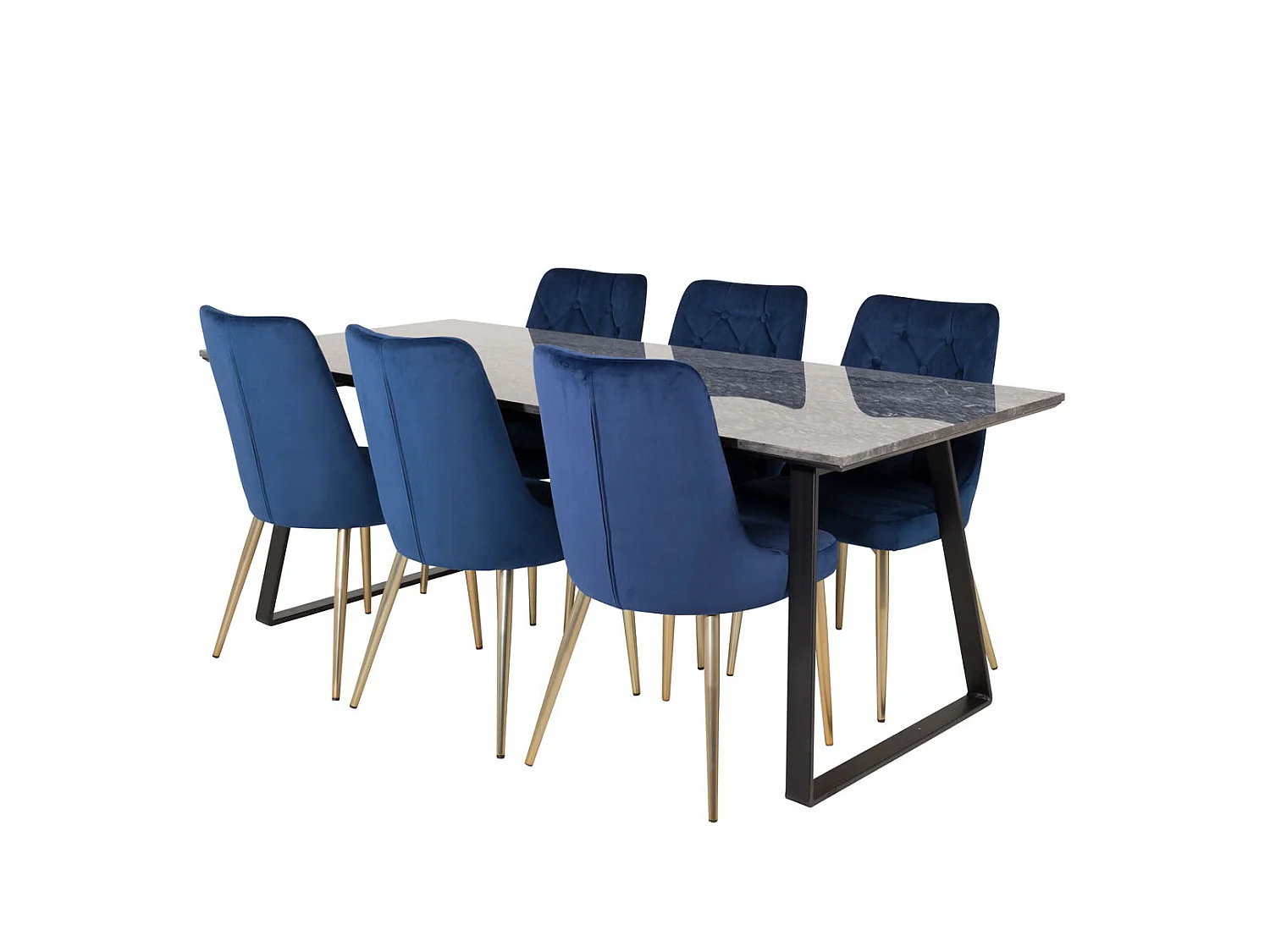 EstelleBLBL eethoek eetkamertafel zwart, marmer en 6 Velvet Deluxe eetkamerstal velours blauw, messing decor.