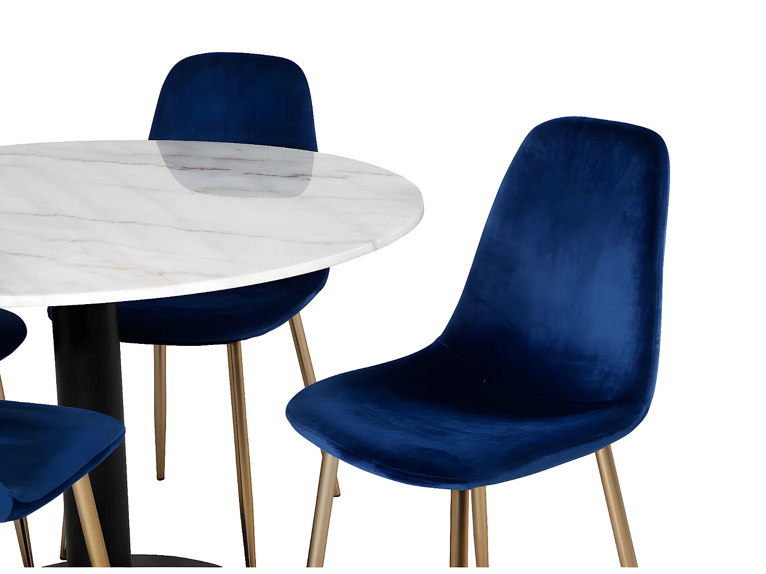 EstelleØ106WHBL eethoek eetkamertafel wit, marmer en 4 Polar eetkamerstal velours blauw, messing decor.