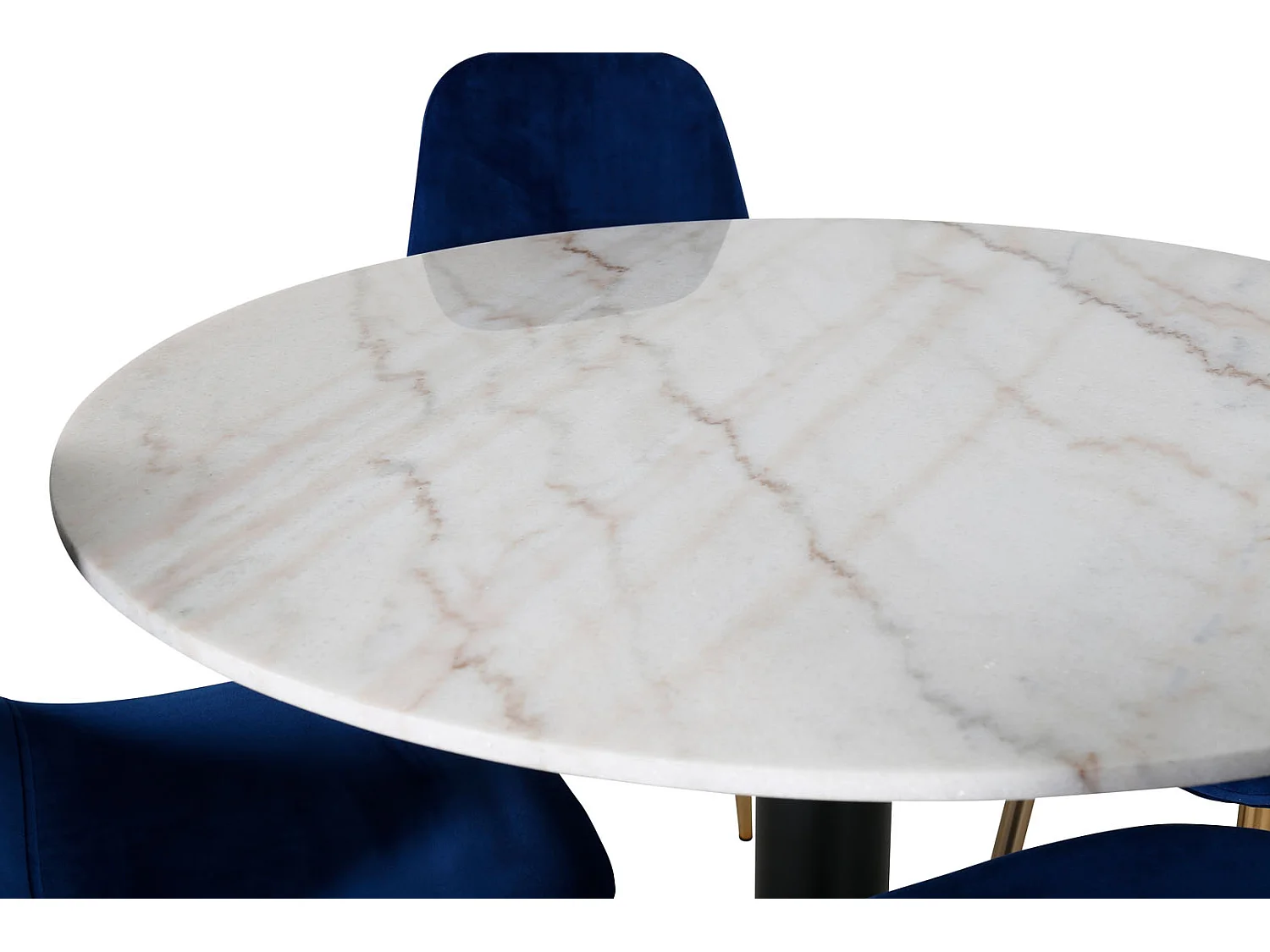 EstelleØ106WHBL ensemble table, table blanc, marbre et 4 Polar chaises Velours bleu, laiton décor.