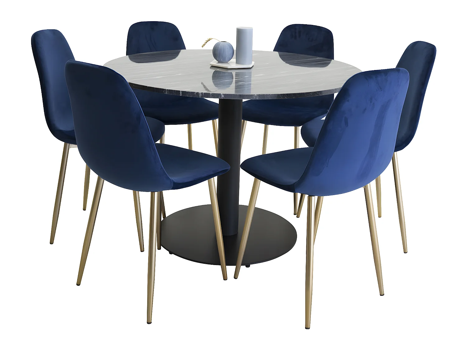 EstelleØ106BLBL eethoek eetkamertafel zwart, marmer en 6 Polar eetkamerstal velours blauw, messing decor.