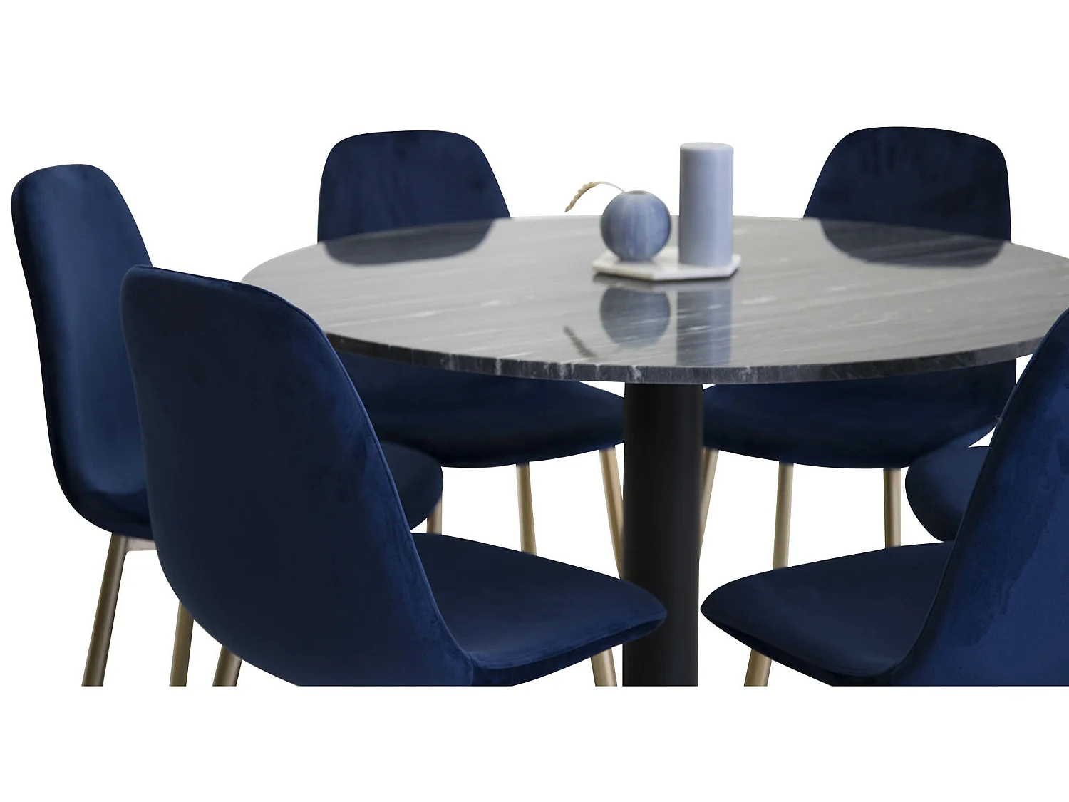 EstelleØ106BLBL eethoek eetkamertafel zwart, marmer en 6 Polar eetkamerstal velours blauw, messing decor.