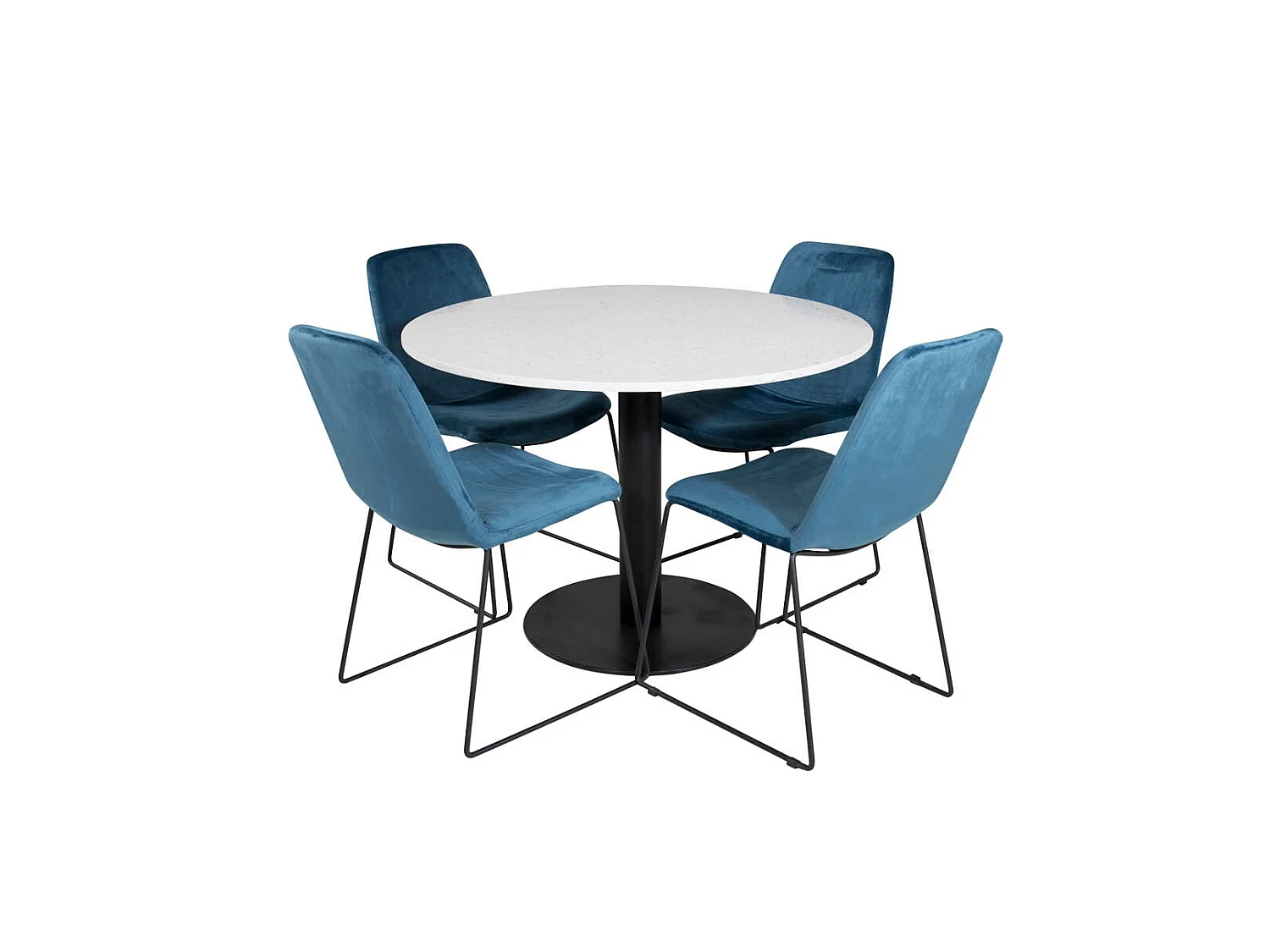 RazziaWH ensemble table, table terrazzo blanc et 4 Muce chaises Velours bleu.