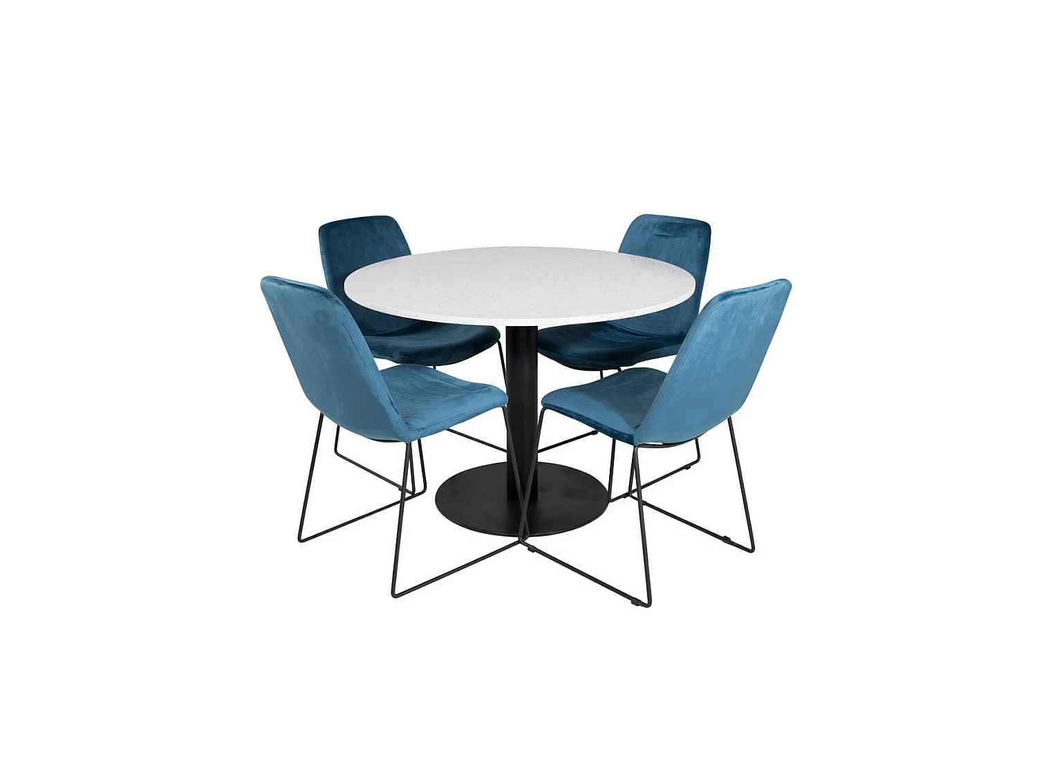 RazziaWH eethoek eetkamertafel terazzo wit en 4 Muce eetkamerstal velours blauw.