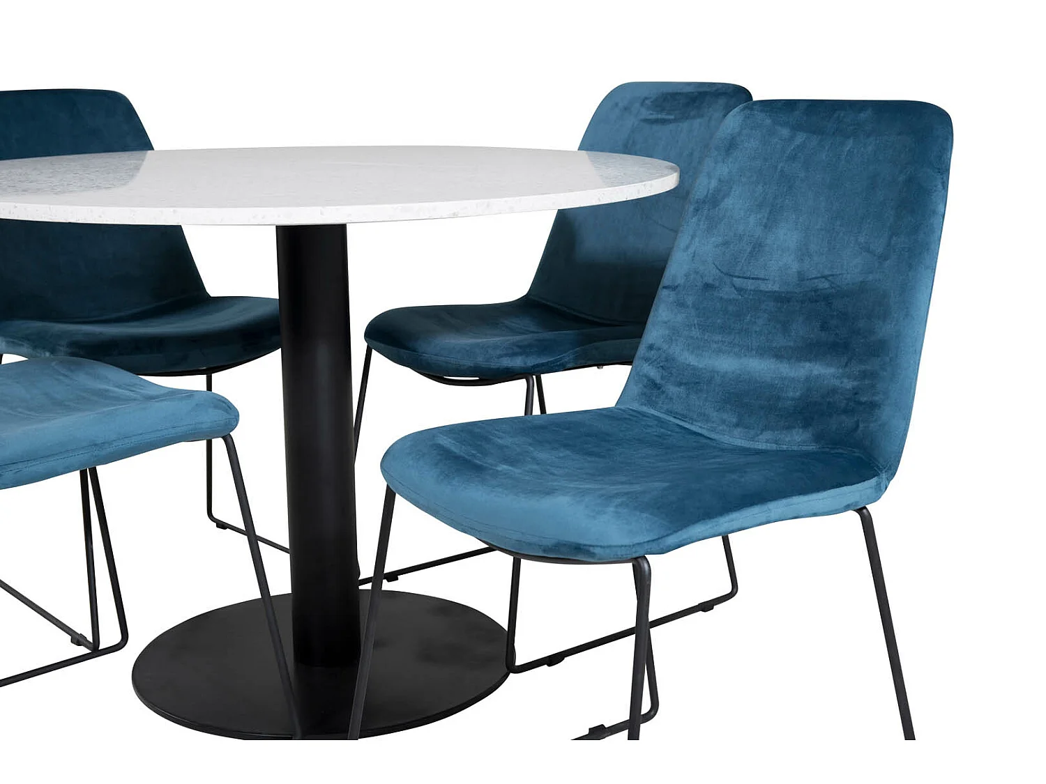 RazziaWH ensemble table, table terrazzo blanc et 4 Muce chaises Velours bleu.
