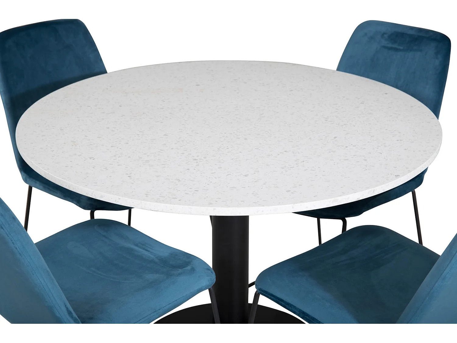 RazziaWH ensemble table, table terrazzo blanc et 4 Muce chaises Velours bleu.
